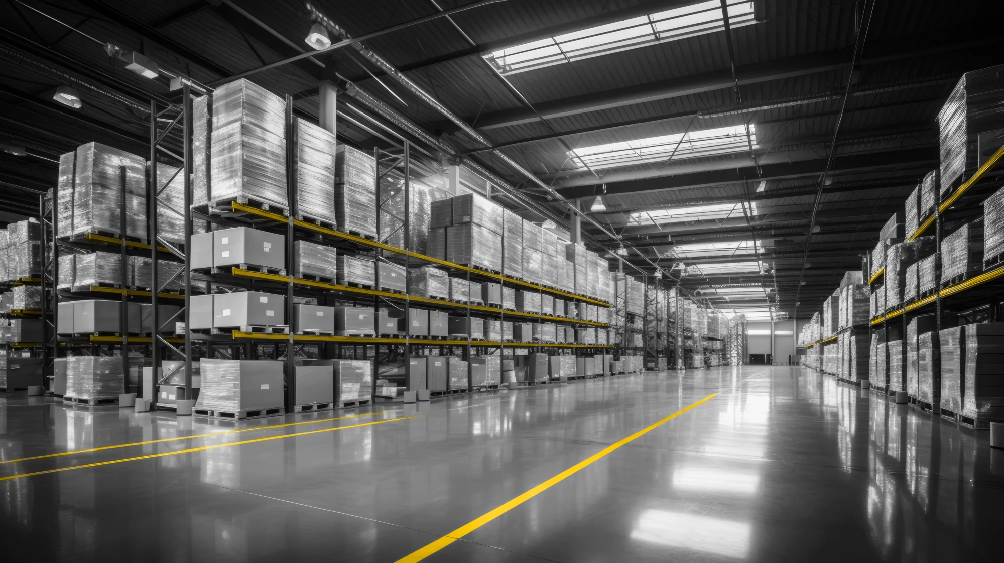 Looking down a laneway inside a warehouse with racks of freight