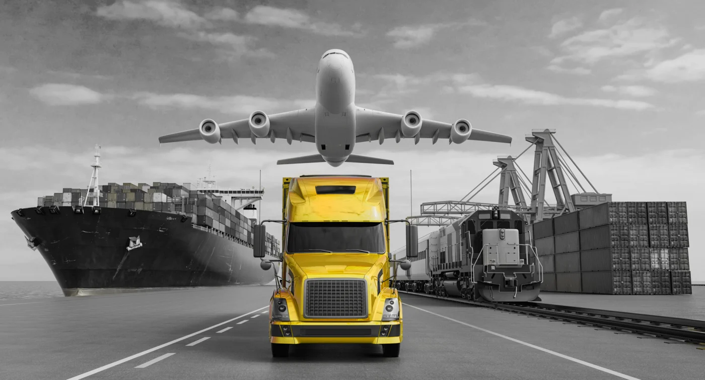 Intermodal shipping, airplane, truck, vessel, containers