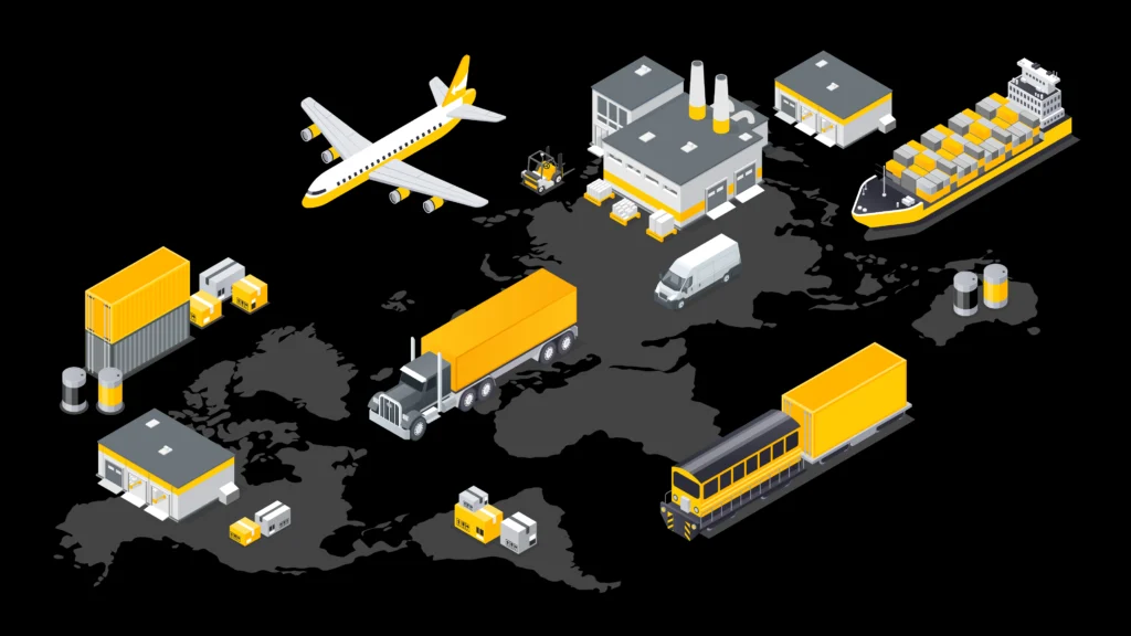 Supply Chain Mapping_Ilustration_SCM_Graphic 01_BB Supply Chain Mapping ilustration with trucks, vessels, warehouses, containers, trucks, multimodal