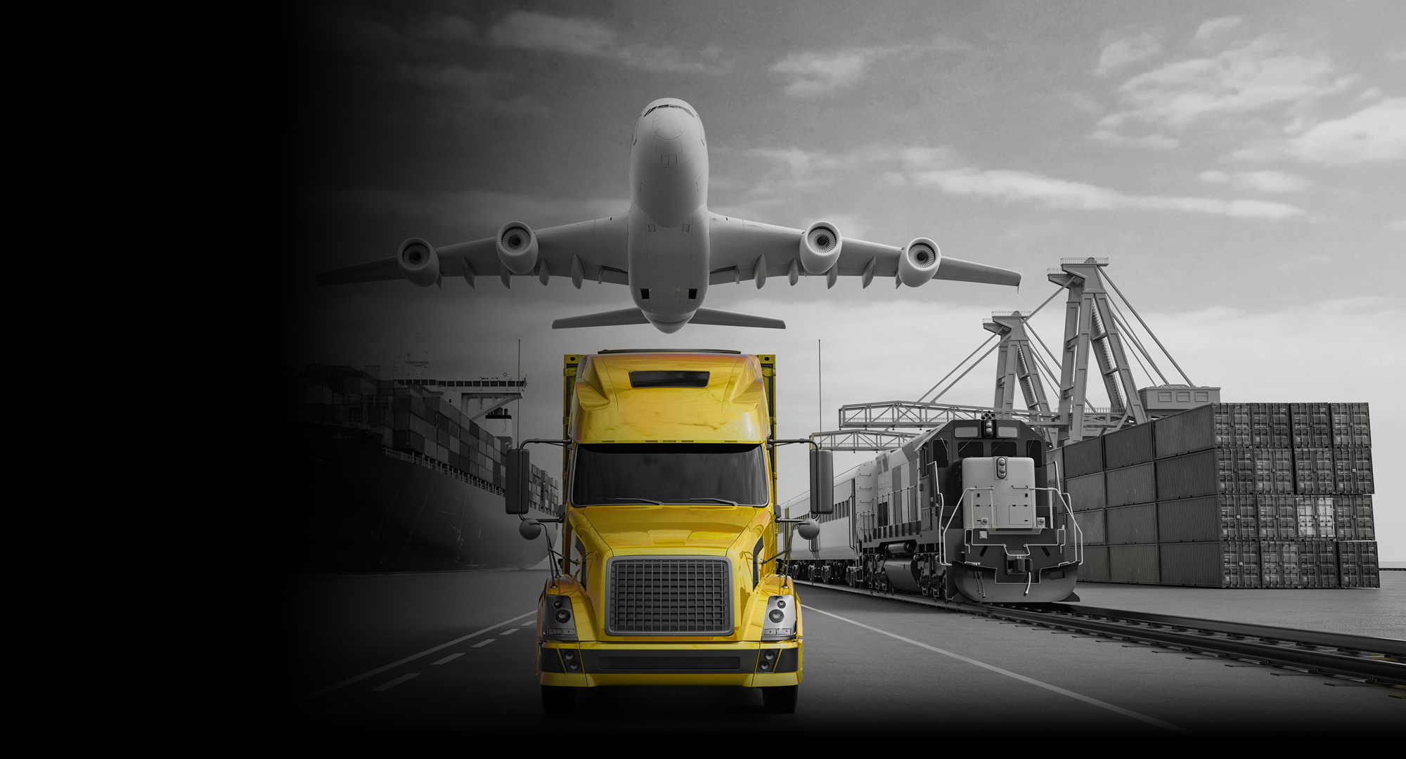 Transport truck, train, and stacked shipping containers with a plan flying overhead
