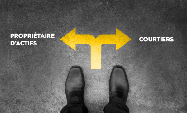 Man's shoes indicating he is looking down on the road at two arrows, one pointing towards asset-based and the other one pointing to broker