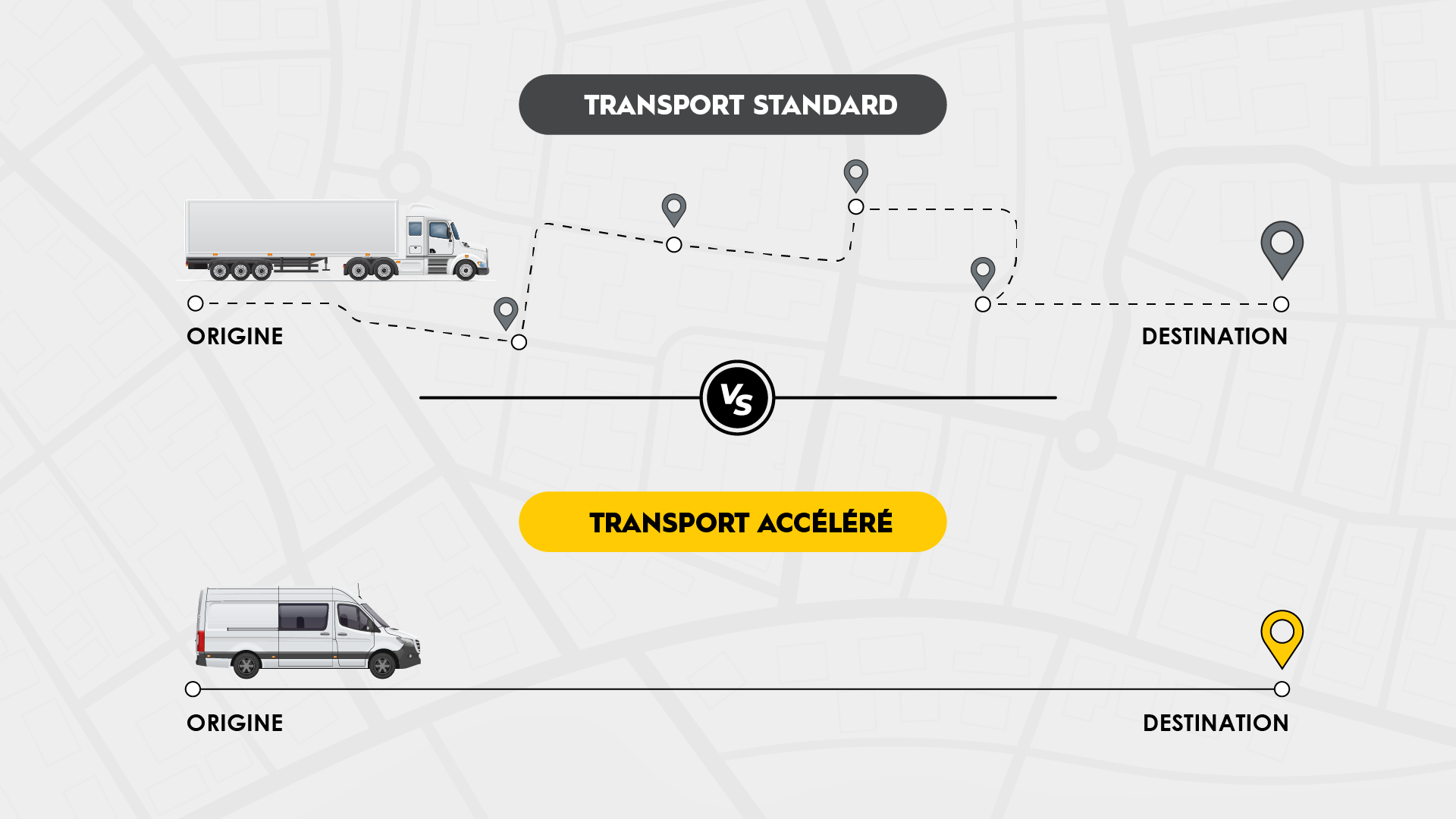 map showing the route of a standard shipment vs an expedited one