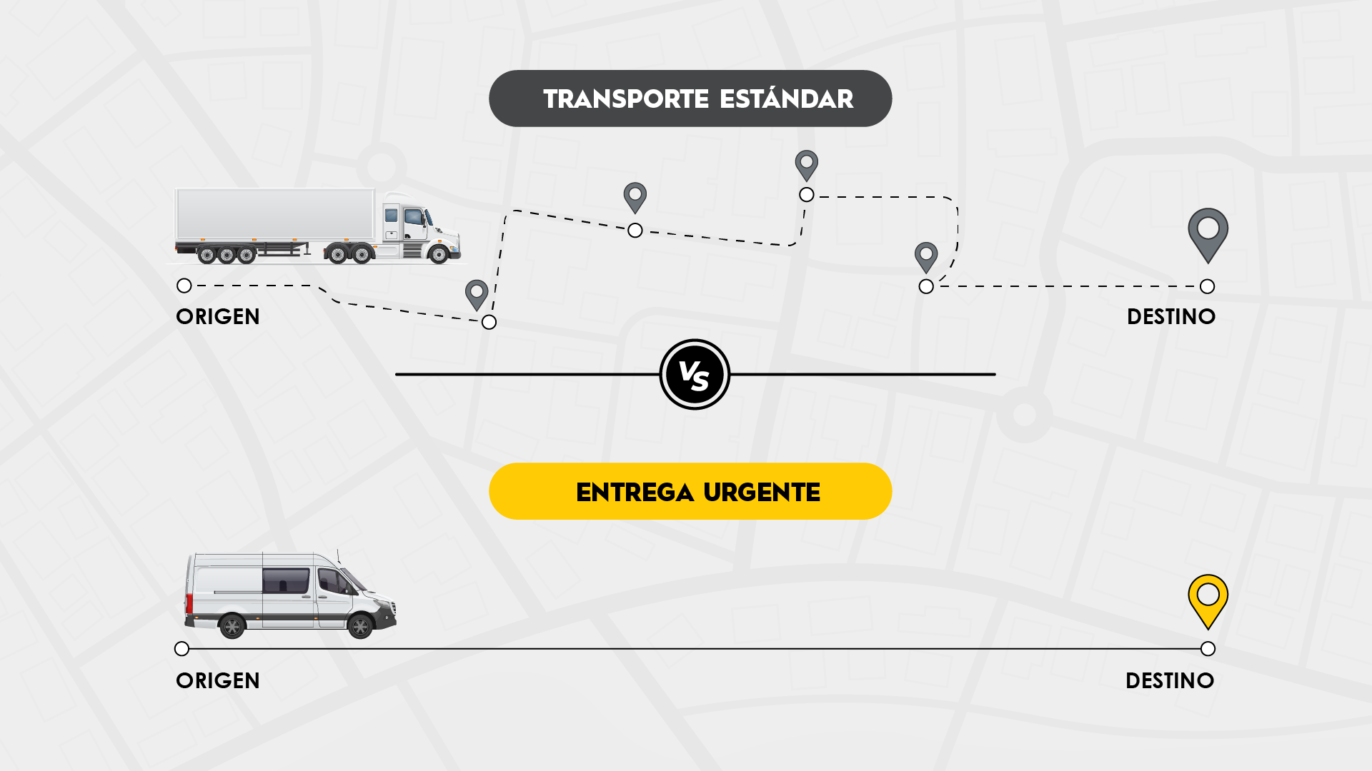 map showing the route of a standard shipment vs an expedited one