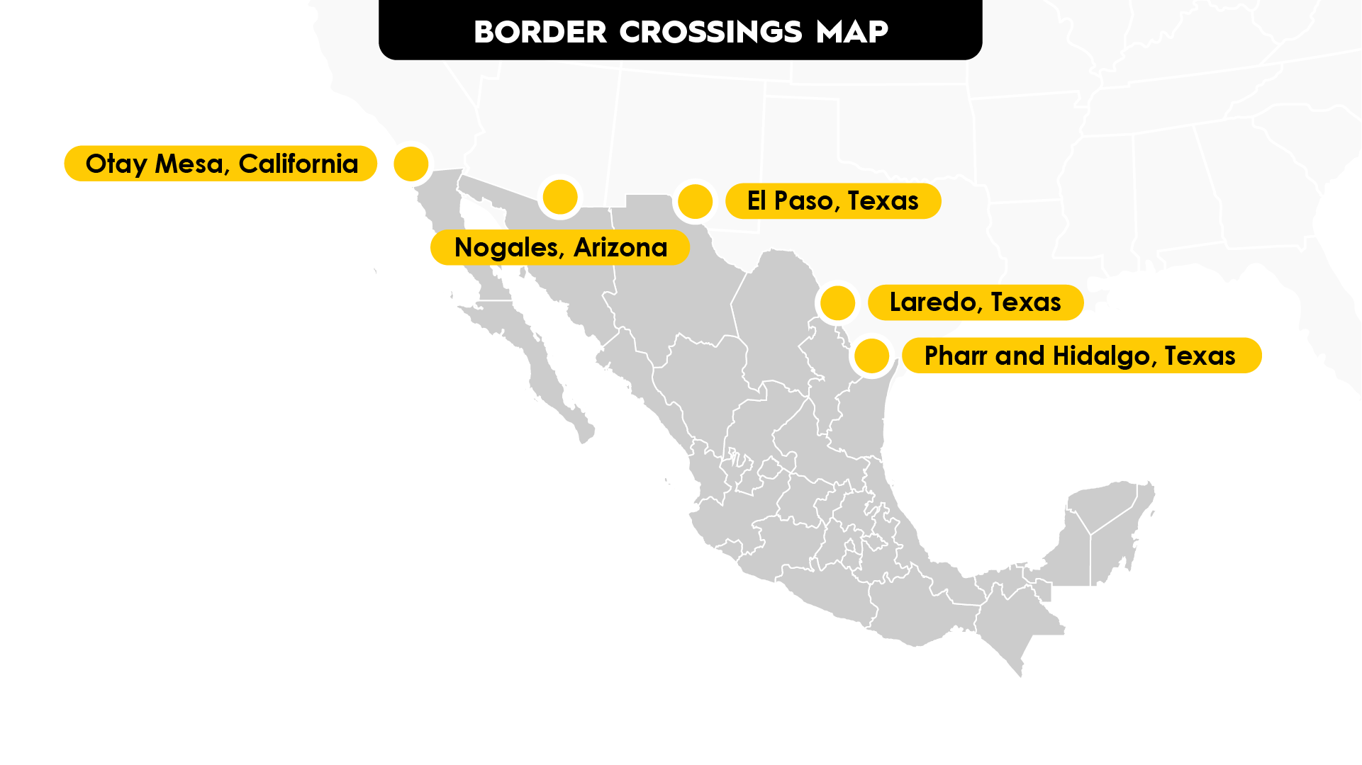Mexico cross-border map with most important crossing ports