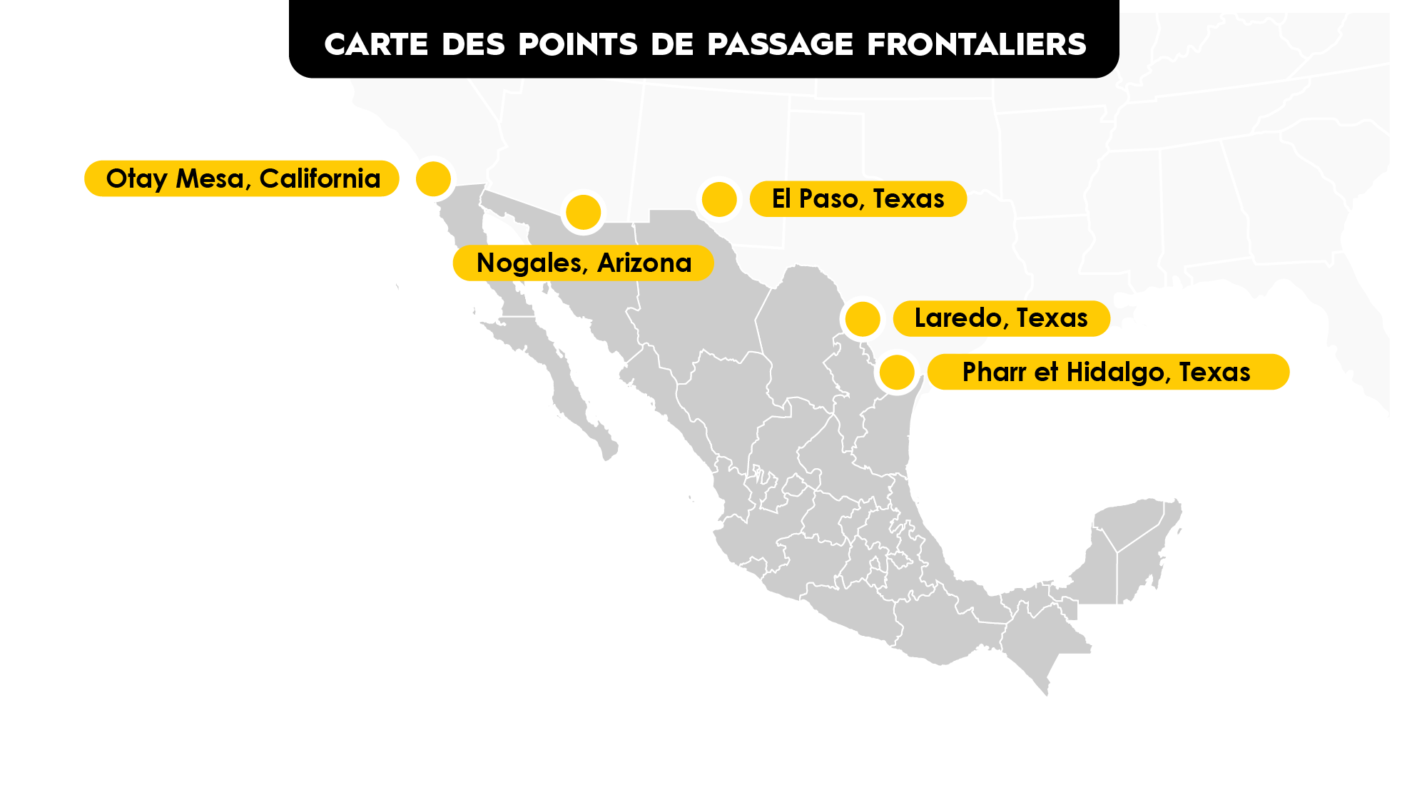Mexico cross-border map with most important crossing ports